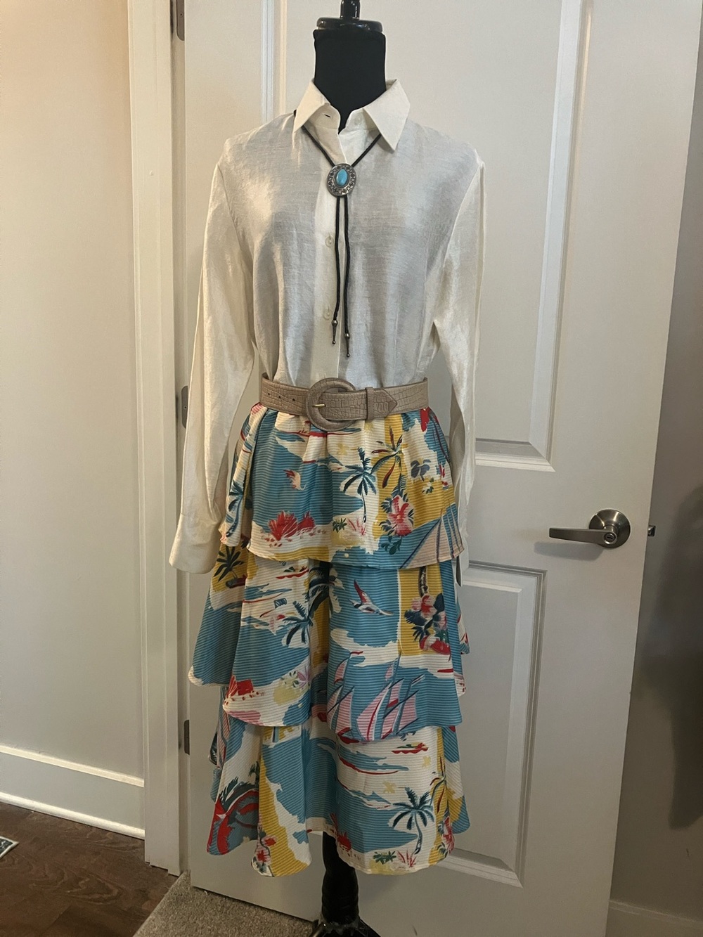 Tiered Tropical-Print Maxi Skirt/Mini Dress in Teal and Yellow - Picture 5 of 9